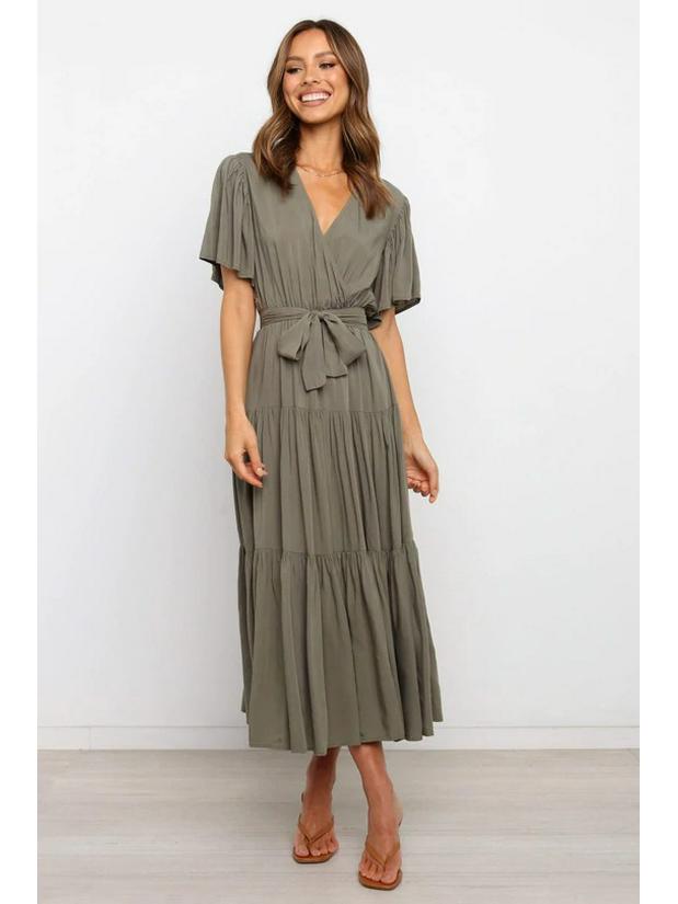 Богемное платье с V-образным вырезом, принтом, короткими рукавами и приталенным силуэтом, длинное, в наличии