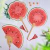 Watermelon Print Round Fan with Wooden Long Handle Portable Lightweight Outdoor Travel Camping Picnic Summer Handheld Paper Fan