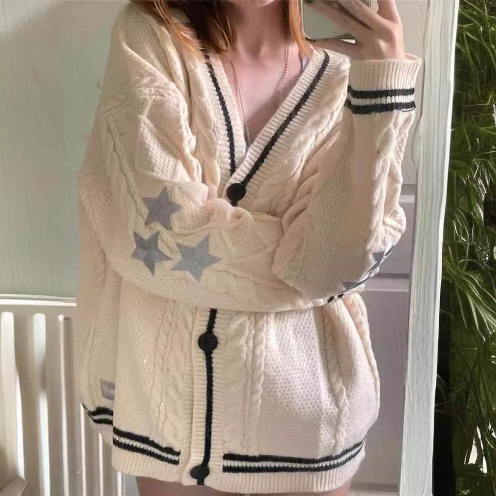 Women Winter Loose Knitted Cardigans Coat Embroidery Sweaters Streetwear Vintage Casual Single Breasted Long Sleeve Top