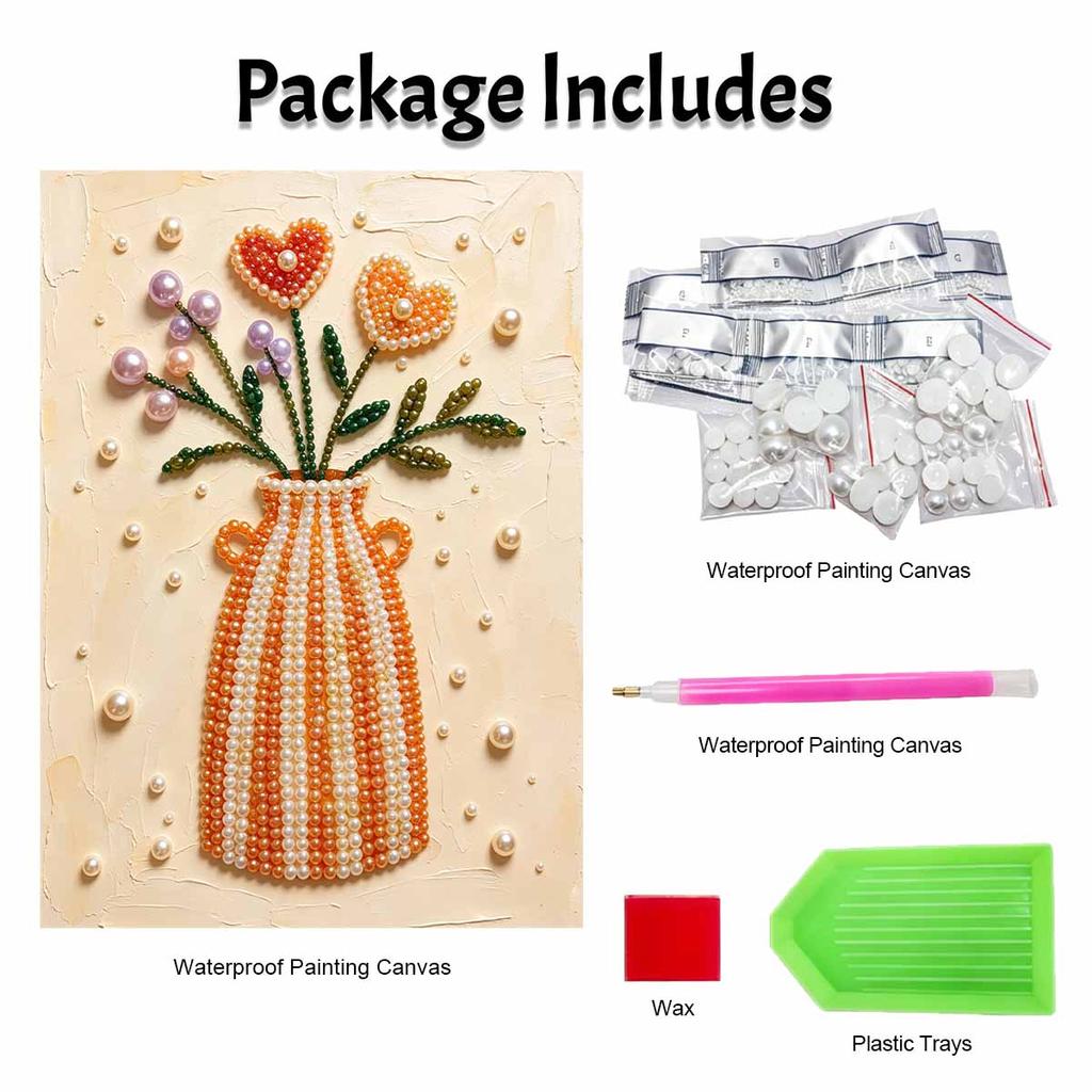 Pearl Painting Art Handmade Orange Vase Heart Flowers Bouquet Pearl Bead Wall Decor DIY Pearl Decoration Painting