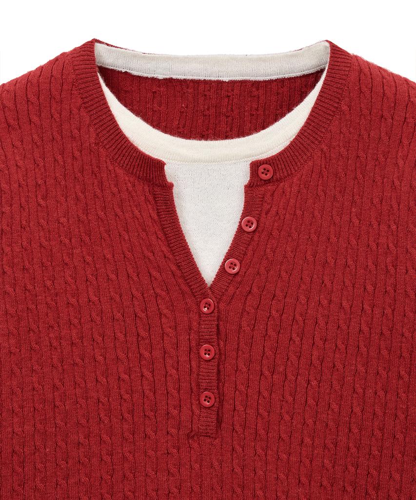 NOIRER FOR WOMAN Layered Henley Neck Signature Cable Knit (Red)