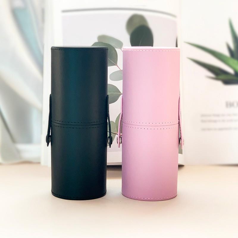 Round PU Leather Makeup Brush Holder Cylinder Organizer Desk Vanity Storage
