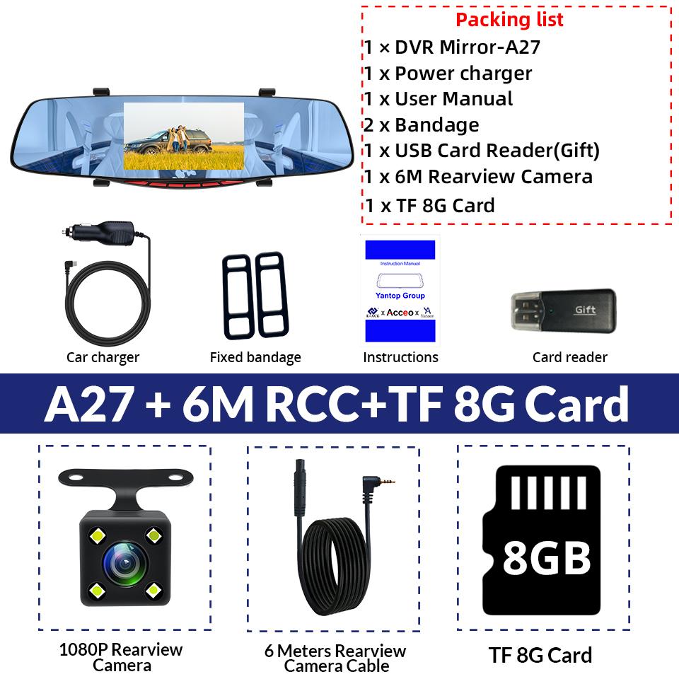 E-ACE Автомобильный видеорегистратор 5-дюймовый зеркальный фотоаппарат Full HD 1080P с двумя объективами, видеорегистратор, видеорегистратор, ночное видение, 5 светодиодных фонарей с камерой заднего вида