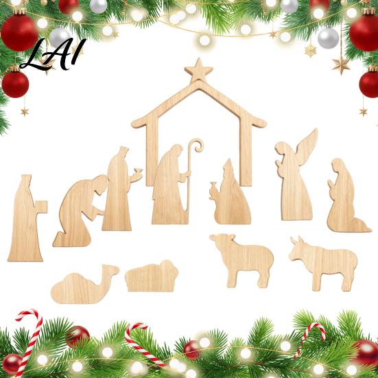 Christmas Story Display for Home 13Pcs Wooden Nativity Scene Set Mini Holy Family Figurines Durable Set Decoration Tabletop Manger Decorations