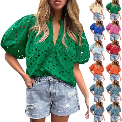 Женская мода, повседневная кружевная блузка с v-образным вырезом и пуговицами, топ
