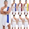 Mens Ancient Roman Greek Costume Role Play Halloween Dress Color Block Irregular Hem One Shoulder Sleeveless with Sequin Head Accessory