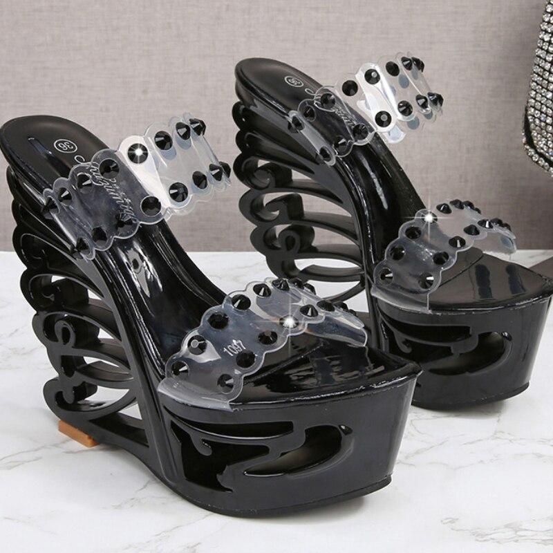 Женская обувь, двухрядные шлепанцы на высоком каблуке с перфорацией, асимметричный каблук, танкетка, серия 1076, каблук 15 см, платформа 5 см, LFD