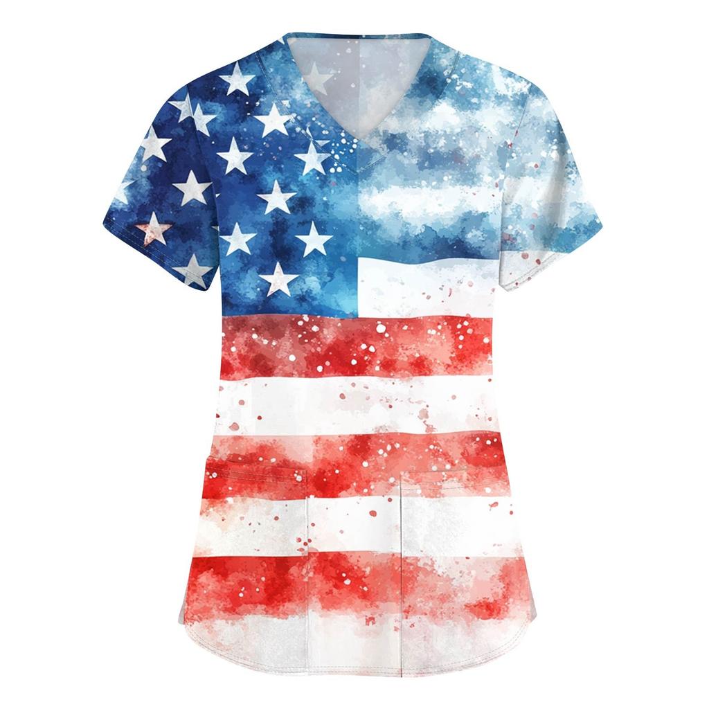 Women's Short Sleeve Independence Day Printed V-Neck Pocket Workwear Top
