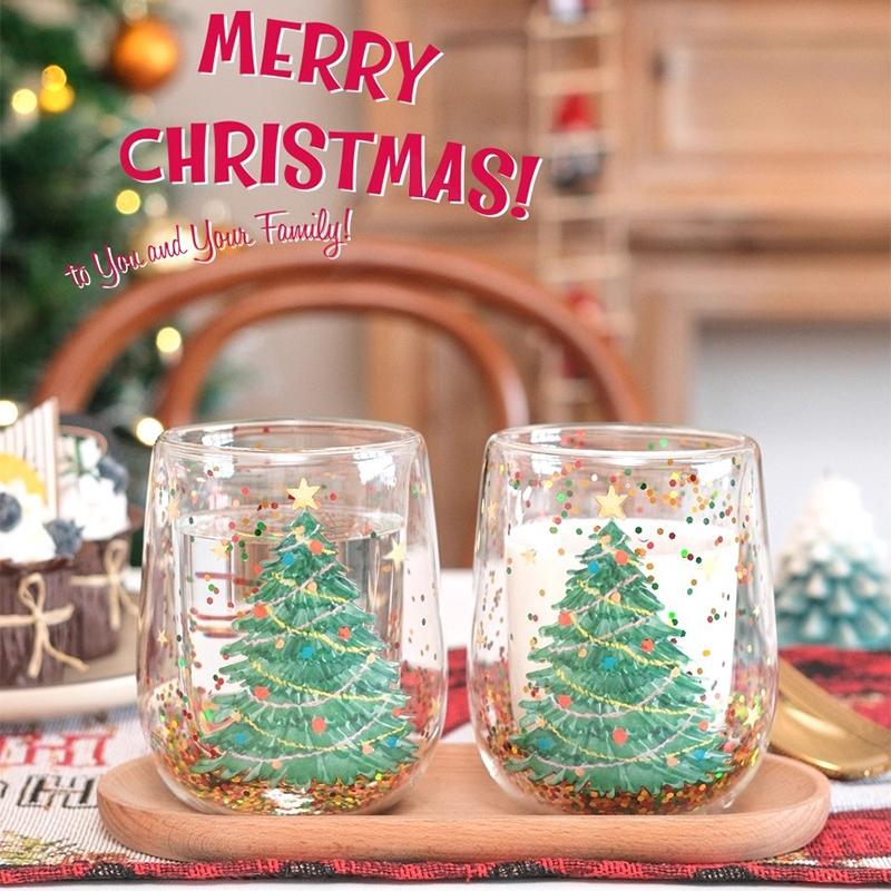 Стеклянная чашка Рождественская Стеклянная чашка с двойными стенками Кружка для кофе и молока Прозрачная бутылка для воды Термостойкая Защита от ожогов Двухслойная чашка