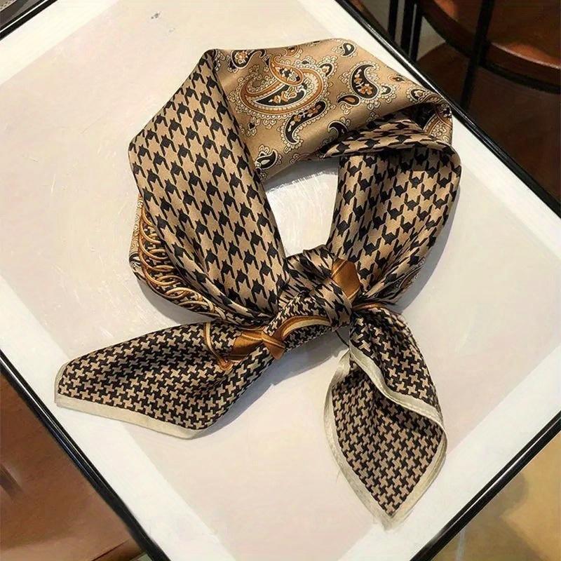 26.77" Paisley Houndstooth Printed Square Scarf Coffee Color Thin Smooth Neck Scarf Vintage Style Sunscreen Headscarf For Women