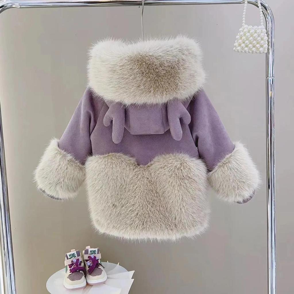 Шерстяной свитер для девочек в корейском стиле с искусственным мехом – модное пальто осень/зима 2024 года.