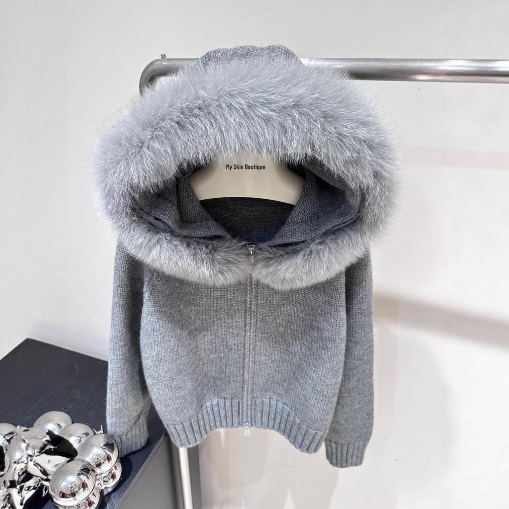 2024 Autumn/Winter Thick Knit Sweater with Real Fox Fur Collar
