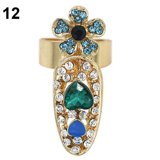 Женская мода Rhinestone Flower Crown Bowknot Finger Tip Nail Cover Ring