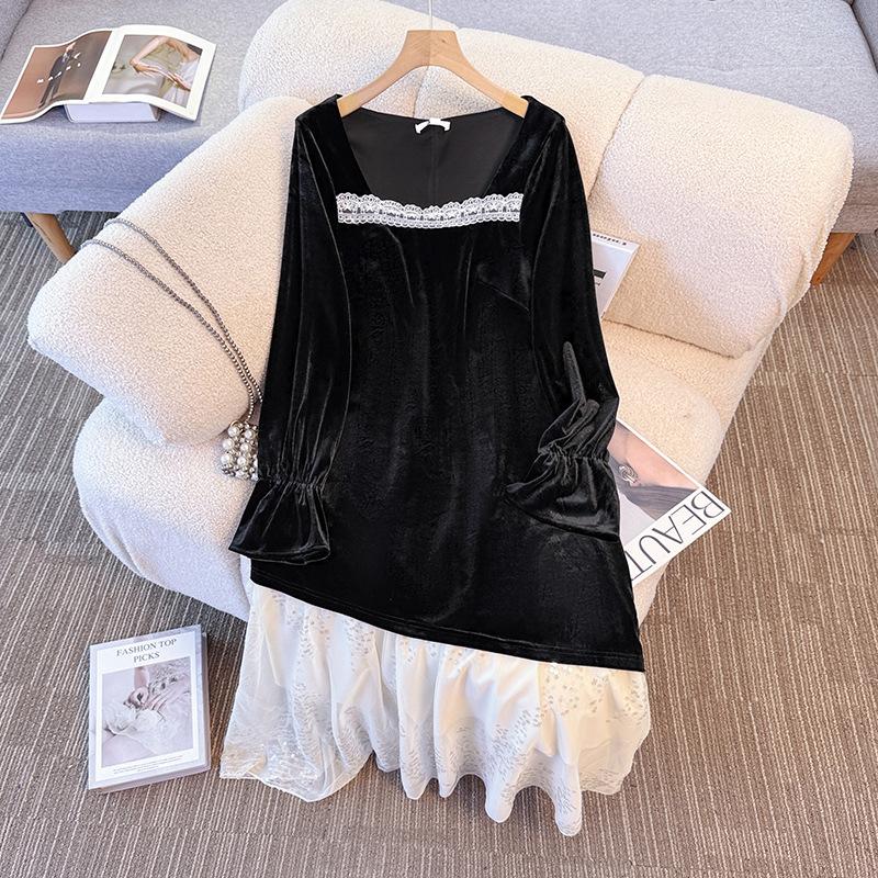 Черное приталенное велюровое платье большого размера для женщин с ретро-вставками из сетки. Весенне-осенний стиль.