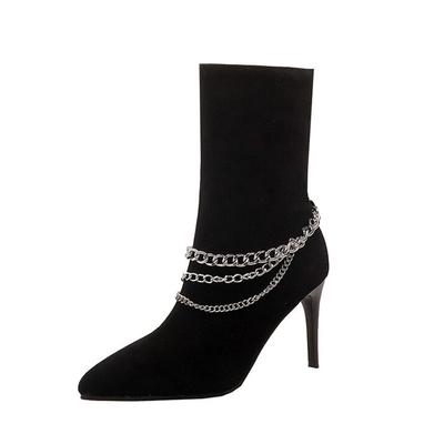 Осенние туфли-стилетто на высоком каблуке, женские ботильоны до щиколотки, дизайн с металлической цепочкой, замшевый острый носок, женская сексуальная обувь, черные абрикосовые туфли-лодочки WSH4714