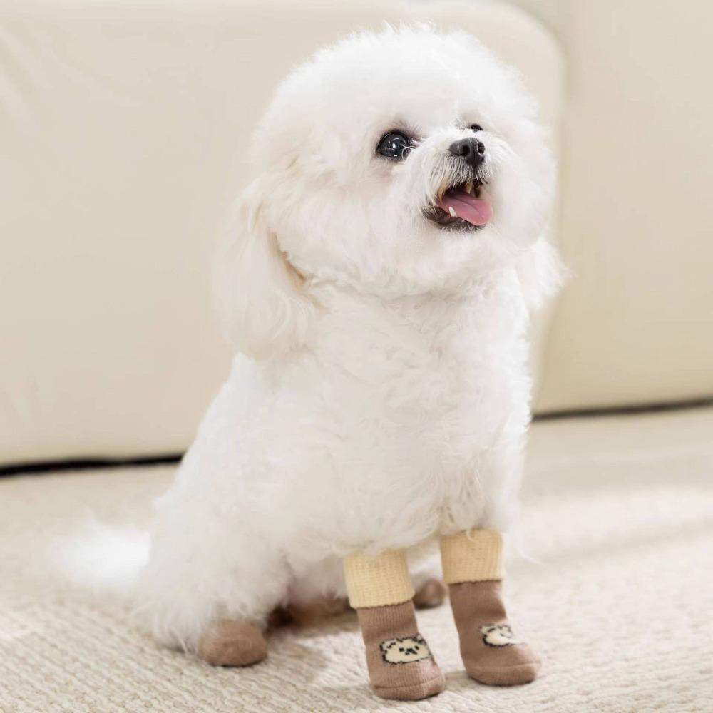 4pcs/set Elastic Puppy Warm Socks Cartoon Pattern Dog Paw Protectors Pet Footwear  Autumn Winter