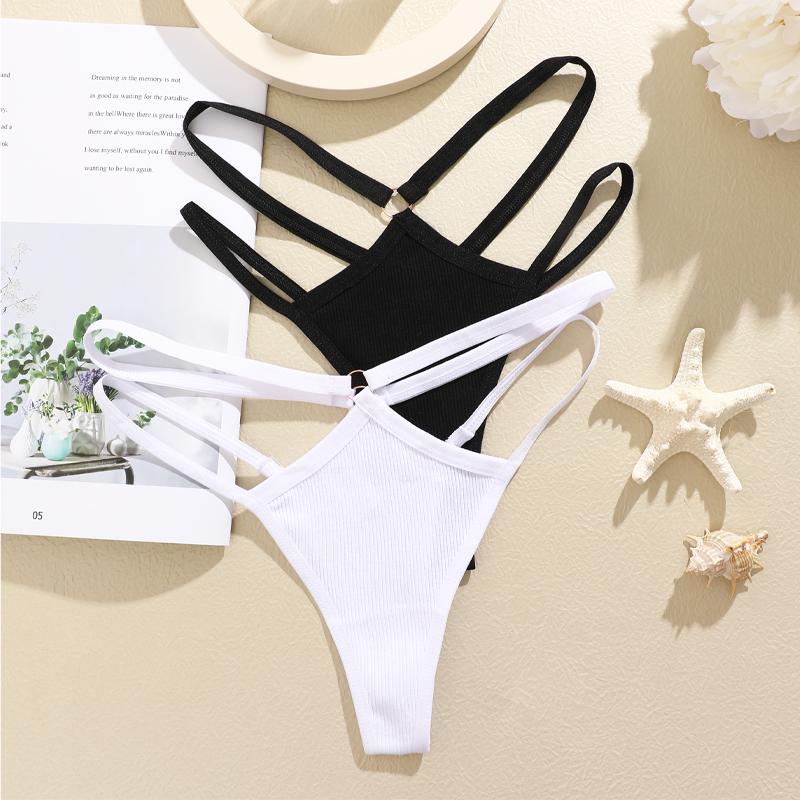 FINETOO 6Pcs Cotton Double Belts Underwear Women Sexy Metal Ring Thongs Low Waist Erotic Lingerie Breathable Comfort Intimates