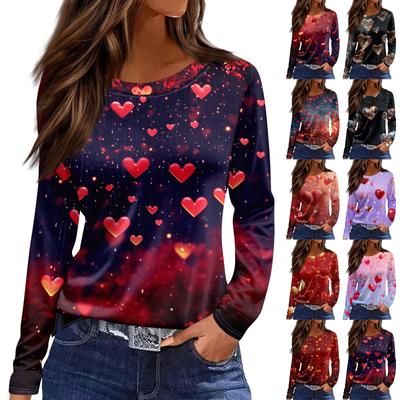 Женская модная повседневная футболка с разрезом и круглым вырезом, длинным рукавом и принтом ко Дню святого Валентина, женский топ