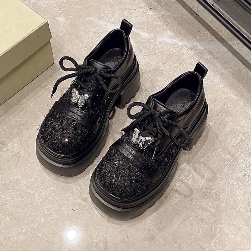 Новая кожаная обувь с пайетками, толстой подошвой и толстым каблуком, на шнуровке, низкие, однотонные, с круглым носком, женская