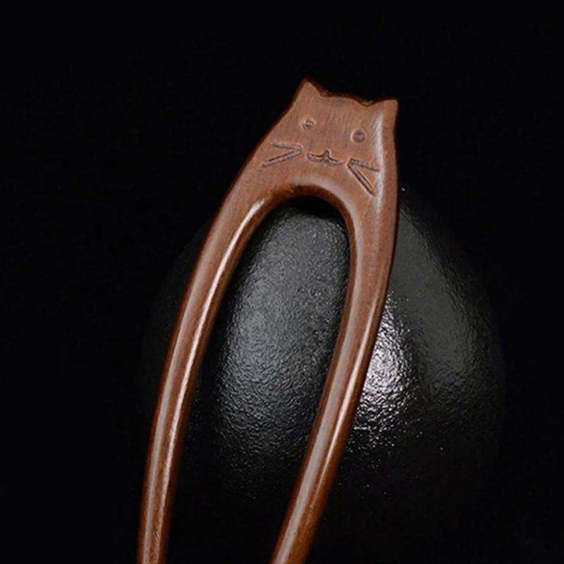 Деревянная заколка для волос с узором «Художественные кошки» Уникальная вилка для волос Этнический стиль Заколка для волос для женщин и девочек Этнические аксессуары для волос