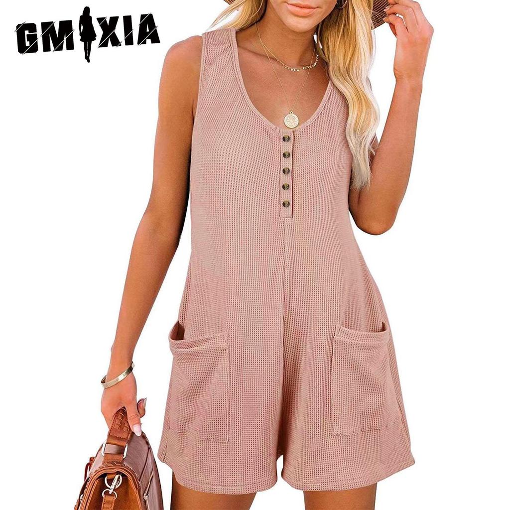 GMXIA Женский модный повседневный жилет на пуговицах с карманами, однотонный принт, летние весенние брюки без рукавов, комбинезоны и комбинезоны