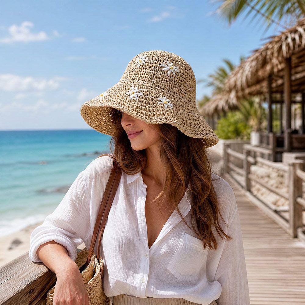 Summer Beach Sun Hat Straw Basin Hat Fashion Fisherman Cap for Women