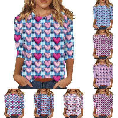 Женская повседневная свободная футболка с круглым вырезом и принтом ко Дню святого Валентина с рукавами три четверти