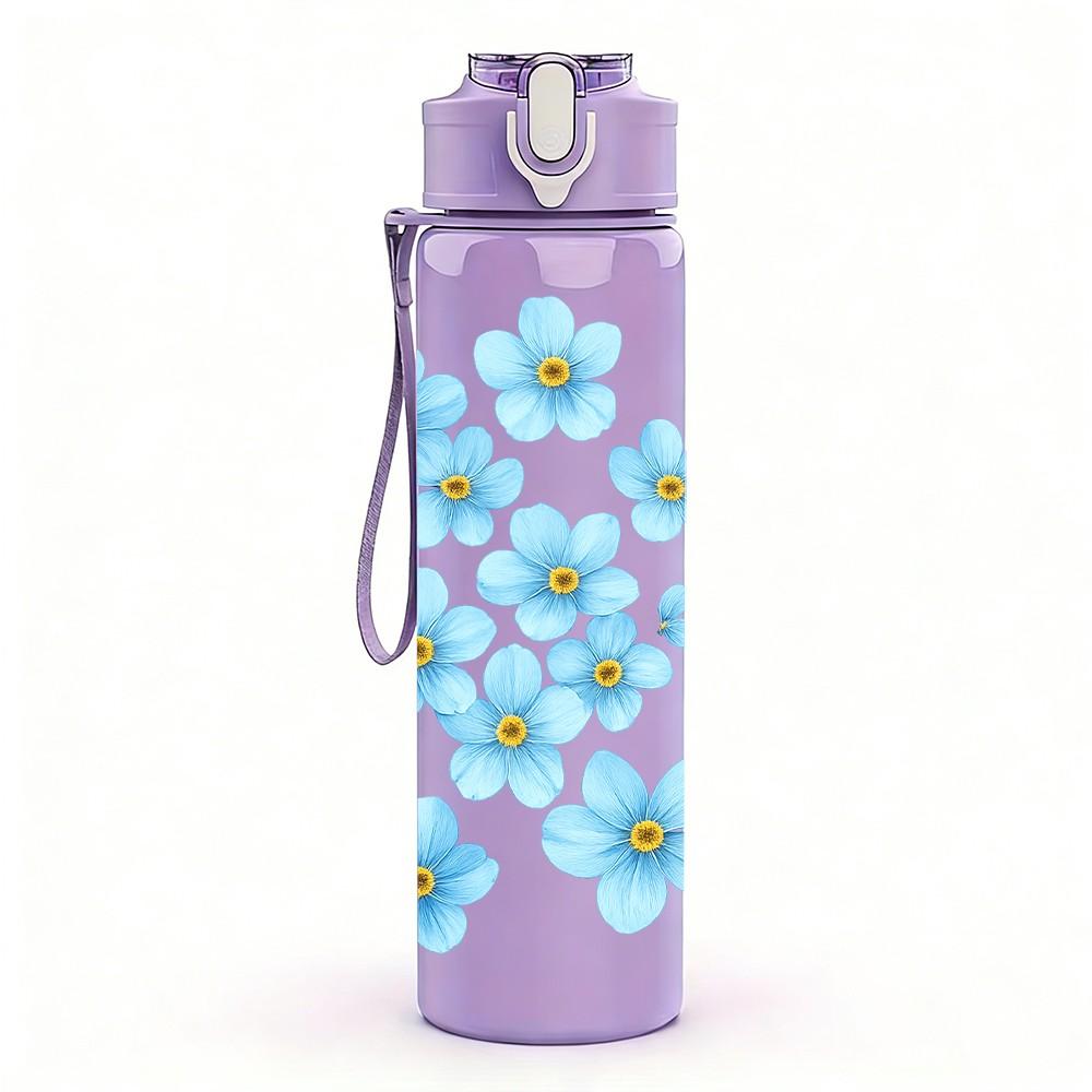 1PC Light Blue Small Flower 750ml Color Plastic Sports Water Bottle Leakproof Flip Straw Lid Suitable for Sports Office Home Use