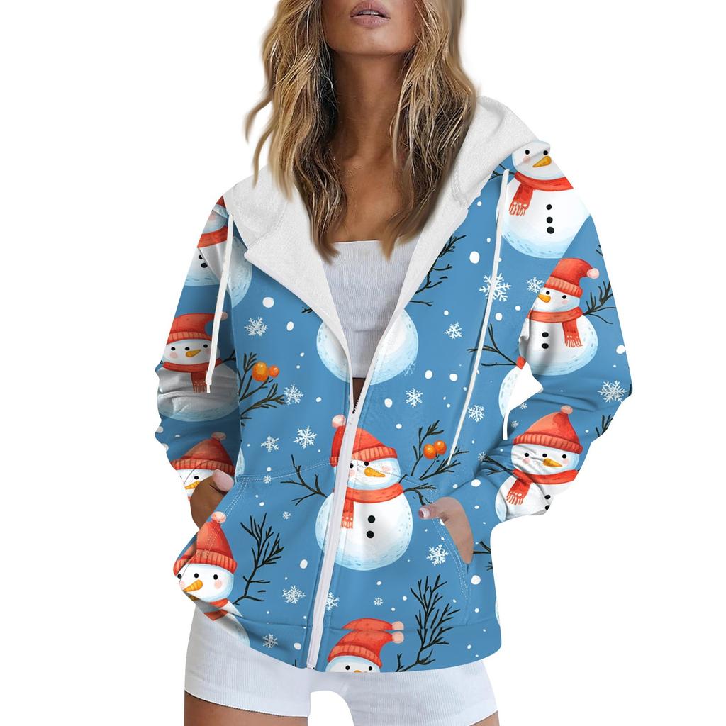 Женская рождественская печатная толстовка осень-зима с длинным рукавом кардиган куртка с карманами на молнии толстовка с капюшоном верхняя одежда