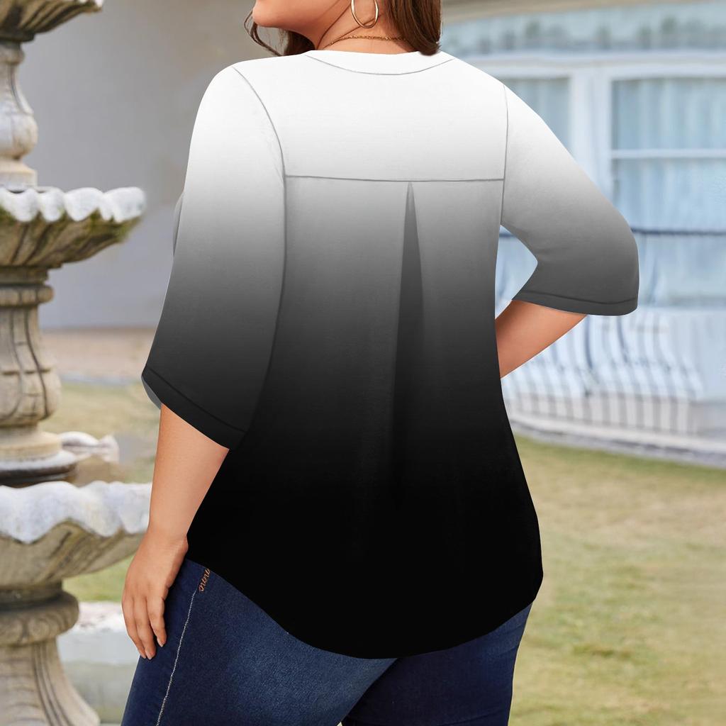 Women's Fashion Large Size Printed V-Neck Three-quarter Sleeve Top