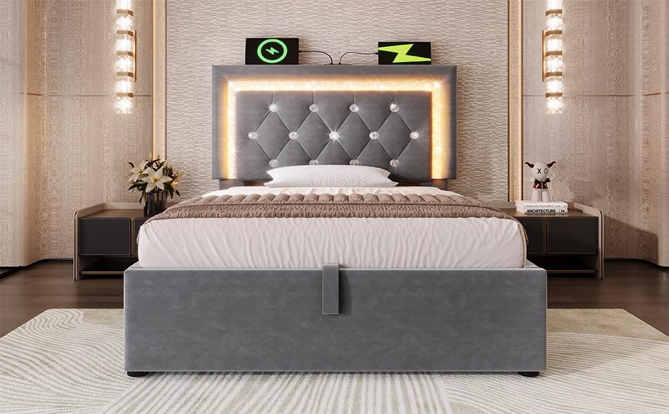 Upholstered Bed 90x200 cm Velvet with LED Diamond Band in Headboard, USB & Type-C Charging, Hydraulic Bed Box, Youth Bed, Grey (With Mattress)