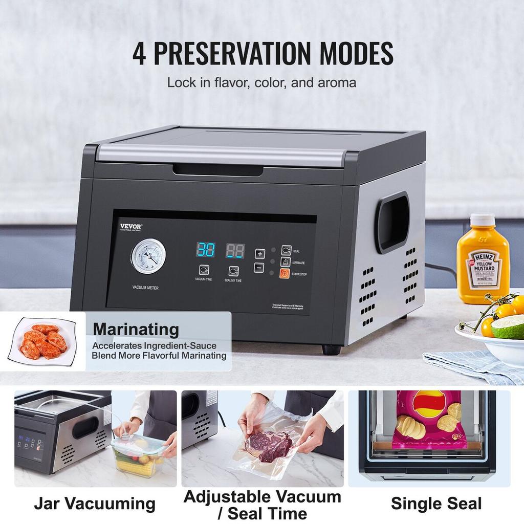 Chamber Vacuum Sealer, 380W Vacuum Pump Power, Sealing Bag Packing Machine for Wet Foods, Meat, Compact Design with 290 mm Sealing Length, Ideal