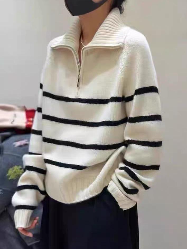 Women's Pure Wool Striped Half-Zip Sweater - Loose Fit, Slimming, Autumn/Winter Knit