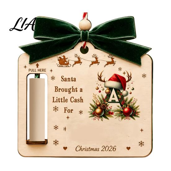 Handmade Cash Gift Card Holder Personalized Letter Christmas Money for Cash, Wooden Alphabet Hanging Gifts Ornament with Velvet Bow Holiday