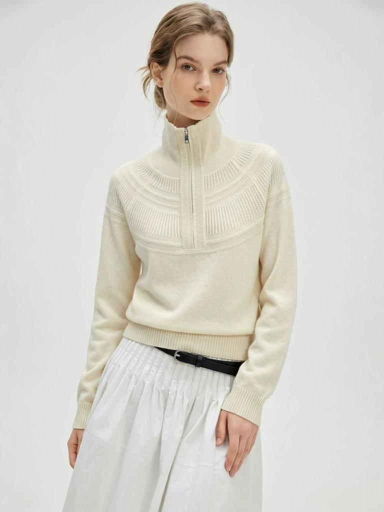 Women's Wool High Neck Half-Zip Jacquard Loose Knit Sweater for Autumn and Winter