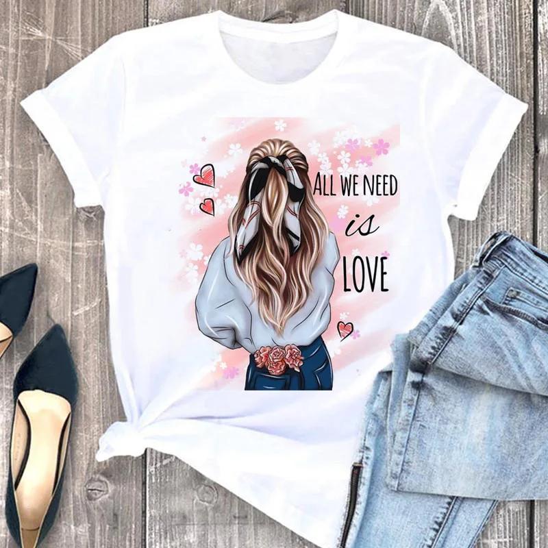 Fun Girl Printed Pattern Round Neck Short Sleeve Tshirt Women on Round Neck European American Tops Tees