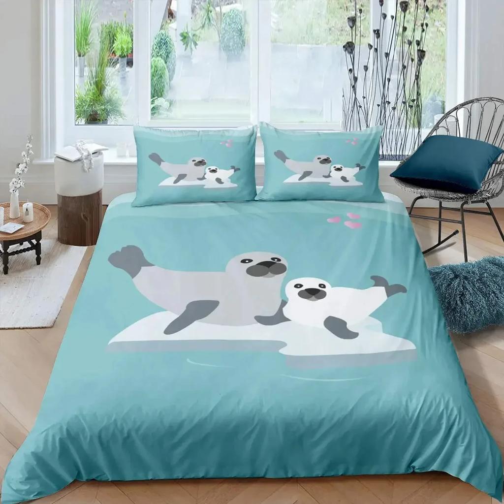 Пододеяльник с изображением тюленя размера King, милый комплект постельного белья с изображением тюленя, милый экзотический стиль океана, 2/3 шт., полиэстеровое одеяло с изображением морской жизни