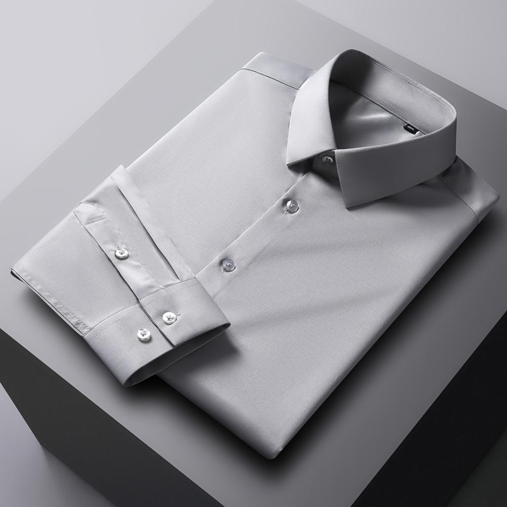 Мужская однотонная немнущаяся рубашка с длинным рукавом и эластичной тканью, шелковисто-гладкая, приятная к коже, простая в уходе, формальная мужская одежда, рубашка на пуговицах