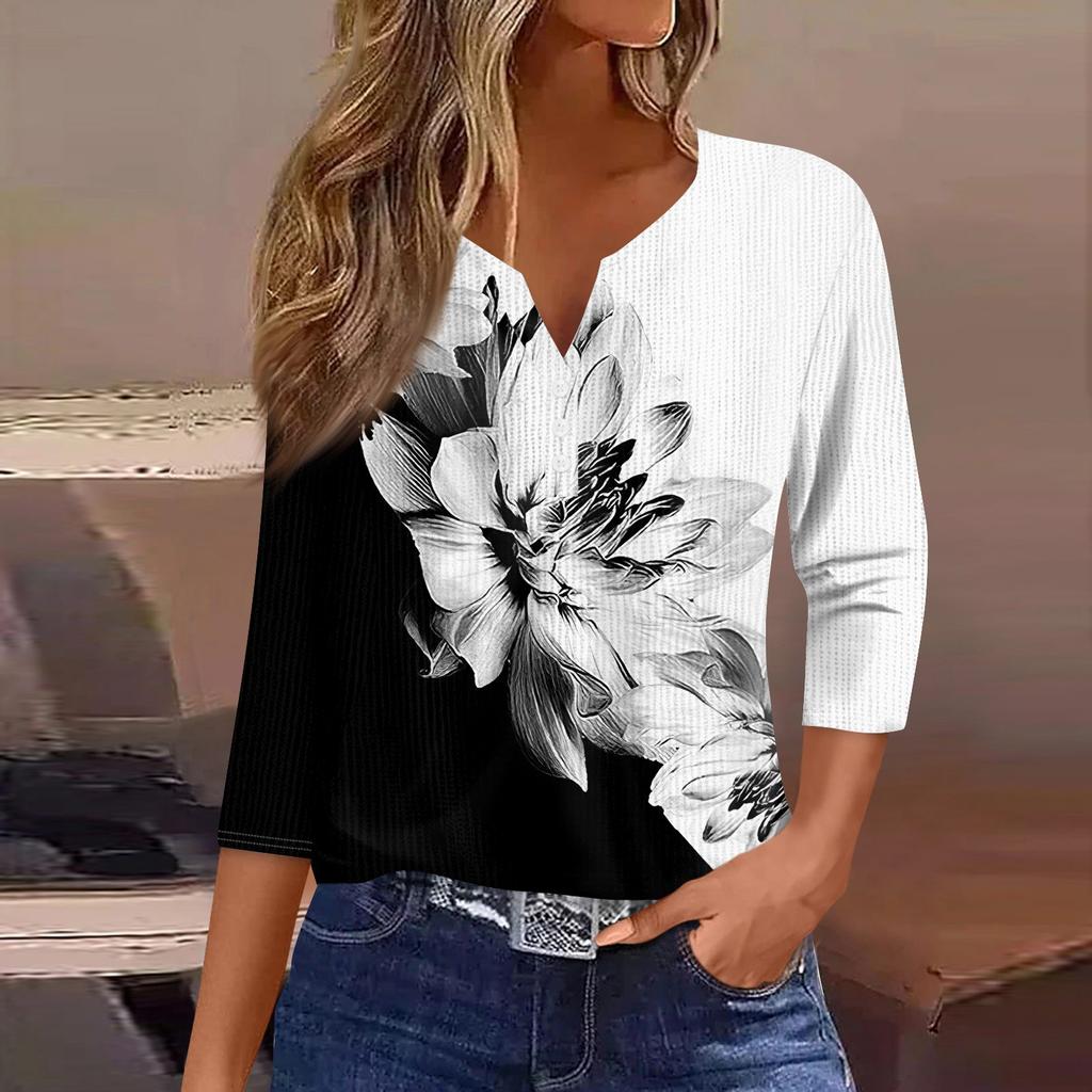 Женская футболка с принтом на пуговицах, рукав 3/4, вязаный свитер, повседневный, модный, на выходные, базовый, с V-образным вырезом, обычный топ