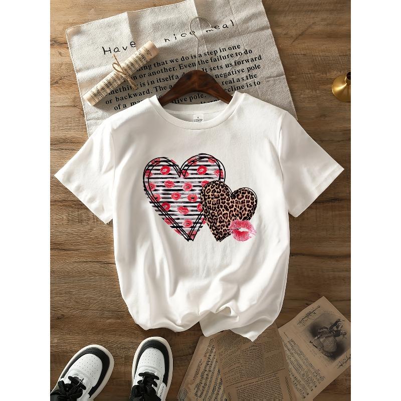 European Size Women's Romantic Heart & Lips Print Round Neck T-Shirt - Semi-Sheer Blouse with Color-Blocking, Short Sleeve Casual Top