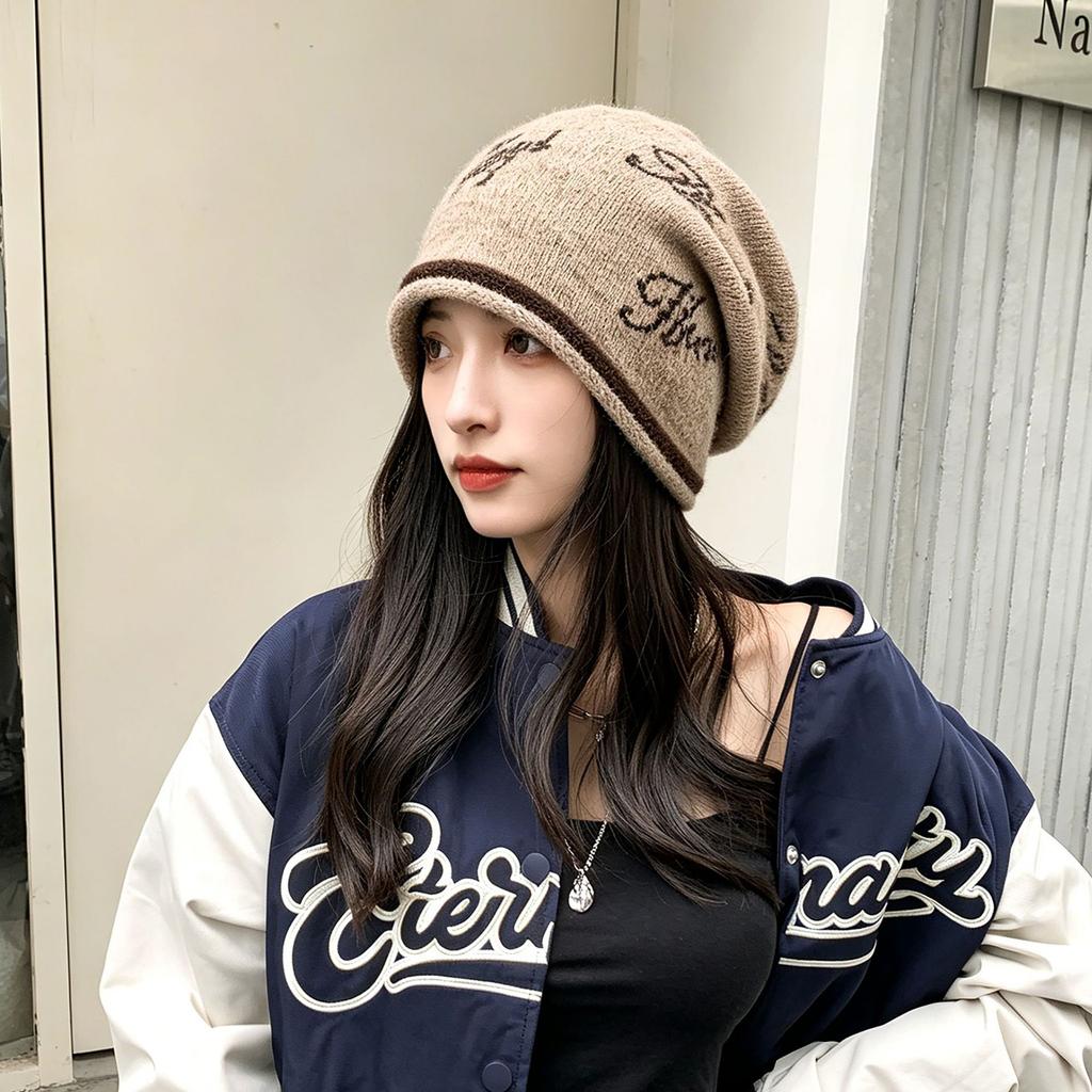 Letter Pattern Beanies for Women Vintage Print Baggy Hat Winter Autumn Warm Knitted Caps Outdoor Slouchy Hats