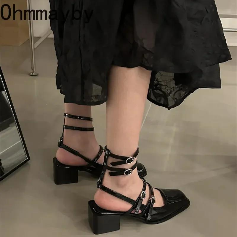 Summer Design Women Sandal Fashion Narrow Band Dress Square Heel Shoes Ladies Outdoor Patent Leather Mary Jane Shoes