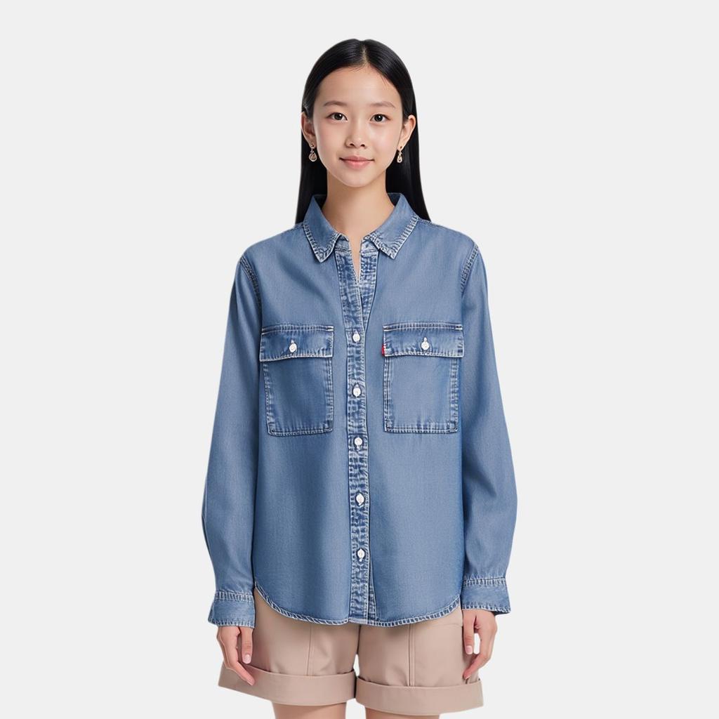 Levis SS24 Летняя Коллекция Деним Однотонная Свободная Рубашка с Длинным Рукавом Женские рубашки Темно-синий 001BO-0000