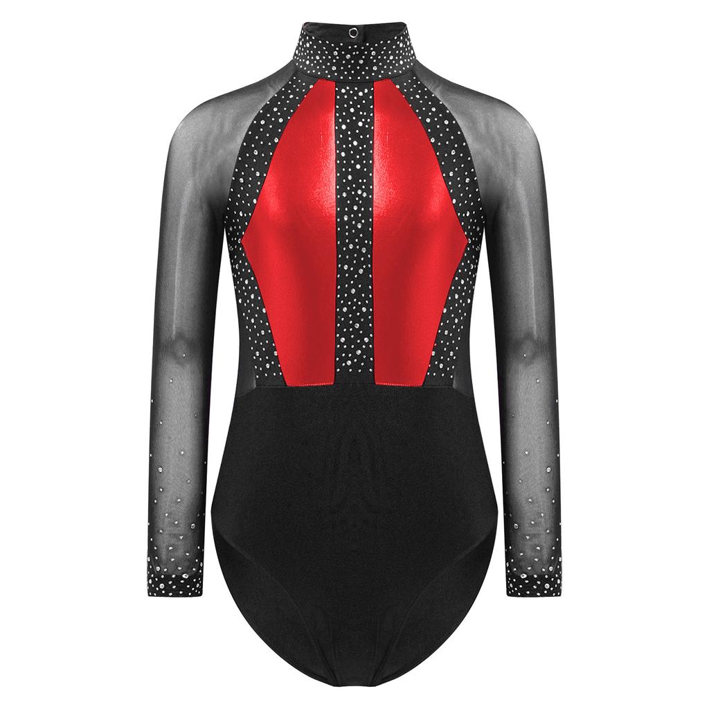 Girls Shiny Rhinestones Leotard Color Block Patchwork Keyhole Back Sheer Mesh Long Sleeve Bodysuit