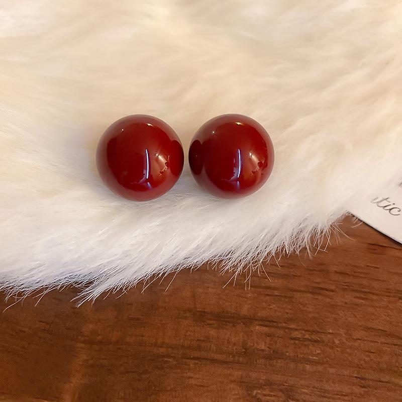 Silver needle zircon flower pearl earrings New Year's light luxury high-end stud earrings retro temperament red earrings women