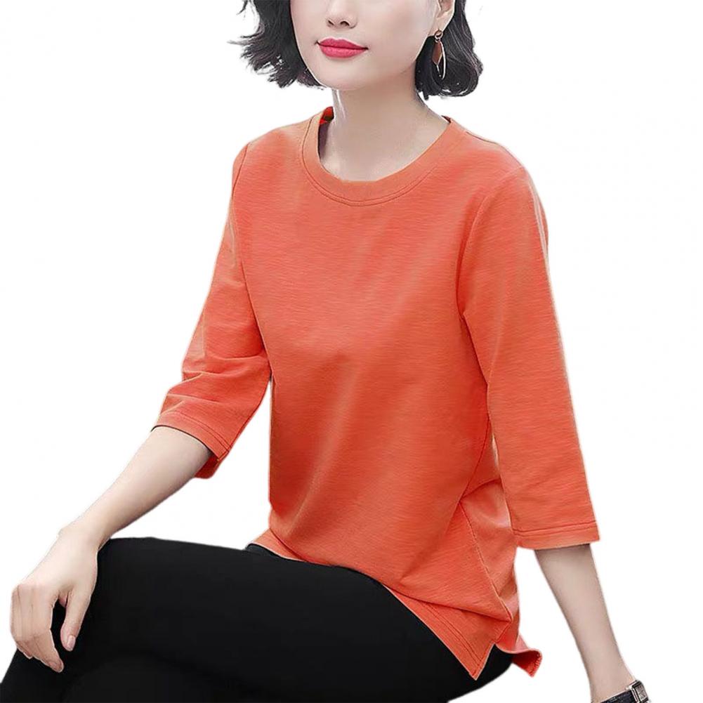 Женские топы с круглым вырезом и рукавом 3/4, однотонные эластичные пуловеры, топы обычного кроя, летняя футболка, повседневная одежда