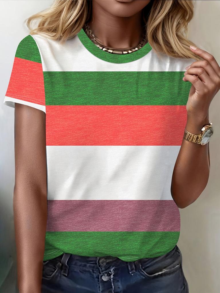 Women Plus Size Casual Versatile Fashion Plaid Striped Short Sleeve Round Neck T-Shirt