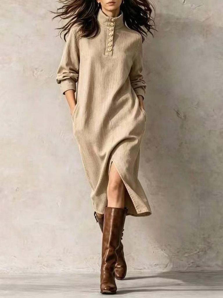 Women's Linen Blended Loose Collar Tie Front Belt Pocket Dress