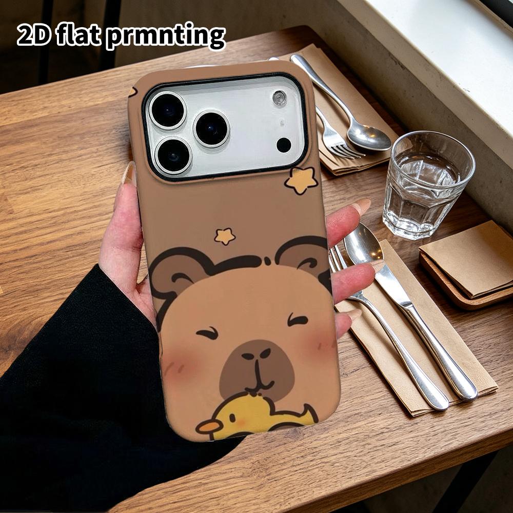 Phone Case: 2D flat design suitable for iPhone 18, 17, 16, 15, 14, 13 Pro film protective case, couple style, hugging little yellow duck capybara, Chr