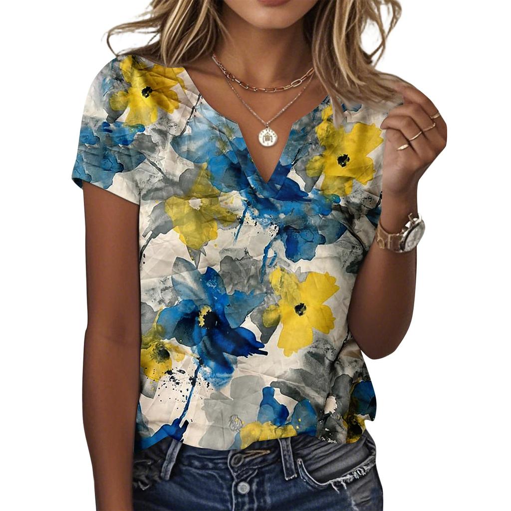Женская повседневная футболка с цветочным принтом, пуловер с V-образным вырезом и коротким рукавом
